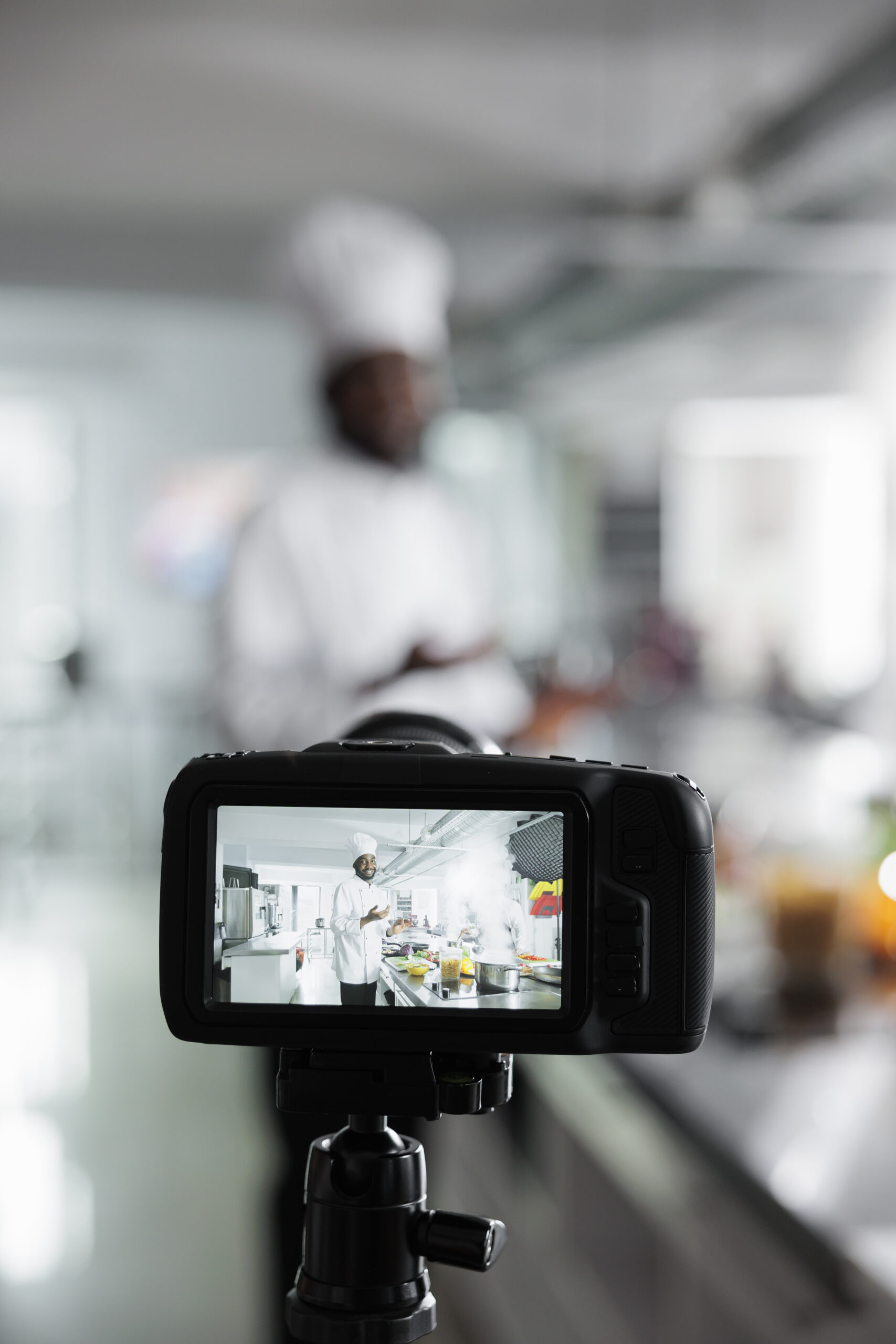 Close up of camera recording head cook preparing gourmet dish for culinary school in restaurant kitchen. Master chef cooking dinner while filming creation for gastronomy school.
